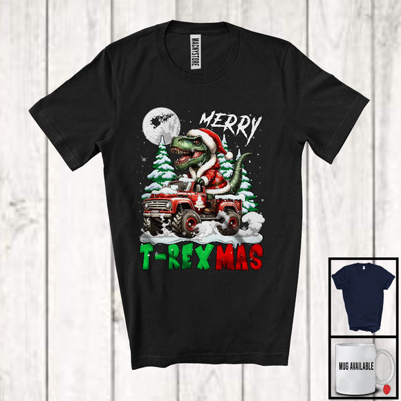 MacnyStore - Merry T-Rexmas; Amazing Christmas Santa T-Rex Riding Monster Truck; X-mas Tree Snow T-Shirt