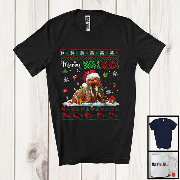 MacnyStore - Merry Walmas; Adorable Christmas Lights Sweater Plaid Santa Walrus; Snowing Sea Animal T-Shirt