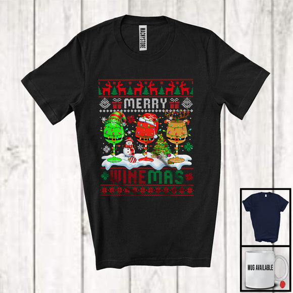 MacnyStore - Merry Winemas, Awesome Christmas Lights Three Wine Glasses, X-mas Sweater Drinking Drunker T-Shirt