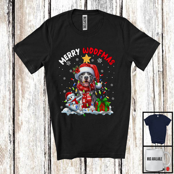 MacnyStore - Merry Woofmas; Awesome X-mas Lights Christmas Santa Pit Bull Lover; Snowman T-Shirt