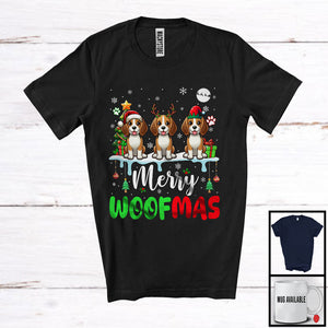 MacnyStore - Merry Woofmas; Lovely Christmas Three Reindeer Elf Santa Beagle Owner; Snowing T-Shirt