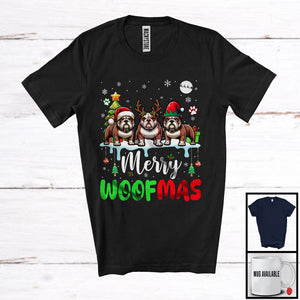 MacnyStore - Merry Woofmas; Lovely Christmas Three Reindeer Elf Santa Bulldog Owner; Snowing T-Shirt