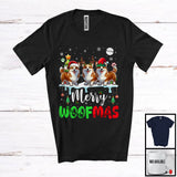 MacnyStore - Merry Woofmas; Lovely Christmas Three Reindeer Elf Santa Corgi Owner; Snowing T-Shirt