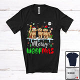 MacnyStore - Merry Woofmas; Lovely Christmas Three Reindeer Elf Santa Golden Retriever Owner; Snowing T-Shirt