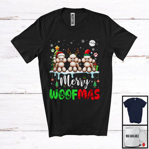 MacnyStore - Merry Woofmas; Lovely Christmas Three Reindeer Elf Santa Poodle Owner; Snowing T-Shirt