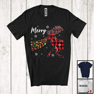 MacnyStore - Merry; Humorous Merry Christmas Red Plaid Half Reindeer Santa; Matching Couple Family T-Shirt