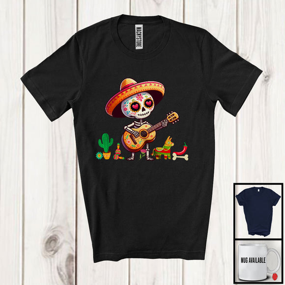 MacnyStore - Mexican Boy Skeleton Playing Guitar; Humorous Dia De Los Muertos Skull; Mexican Family T-Shirt