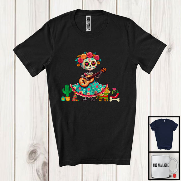 MacnyStore - Mexican Girl Skeleton Playing Guitar; Humorous Dia De Los Muertos Skull; Mexican Family T-Shirt