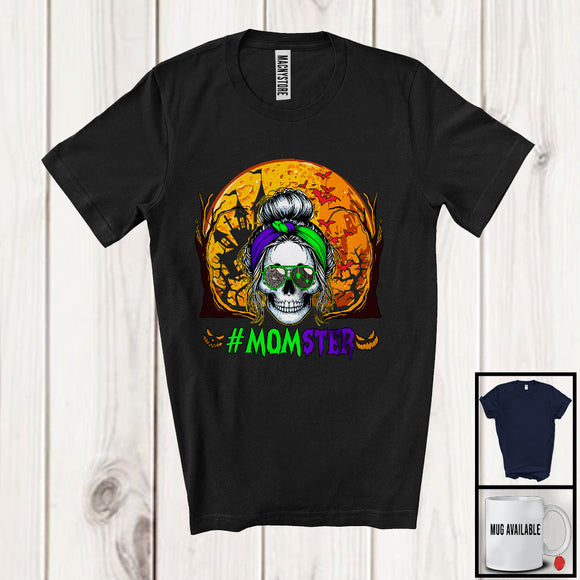 MacnyStore - Momster; Creepy Halloween Costume Moon Skull Mom Messy Hair Bun; Monster Family Group T-Shirt