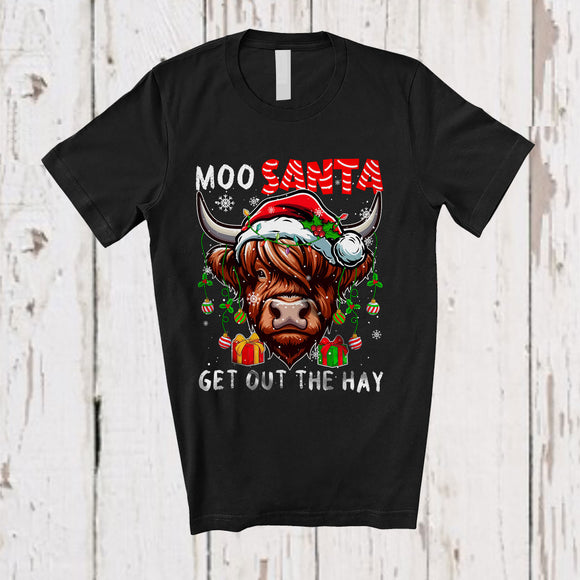 MacnyStore - Moo Santa Get Out The Hay; Awesome Christmas Santa Highland Cattle Cow Face; Farmer Family T-Shirt