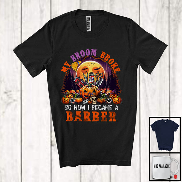 MacnyStore - My Broom Broke I Became A Barber, Happy Halloween Moon Witch, Skull Carved Pumpkins T-Shirt