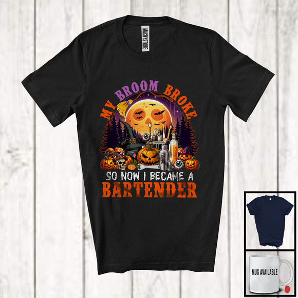 MacnyStore - My Broom Broke I Became A Bartender, Happy Halloween Moon Witch, Skull Carved Pumpkins T-Shirt
