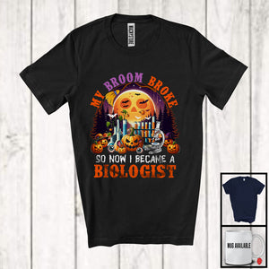 MacnyStore - My Broom Broke I Became A Biologist, Happy Halloween Moon Witch, Skull Carved Pumpkins T-Shirt