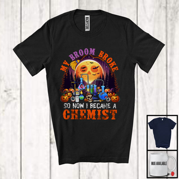 MacnyStore - My Broom Broke I Became A Chemist, Happy Halloween Moon Witch, Skull Carved Pumpkins T-Shirt