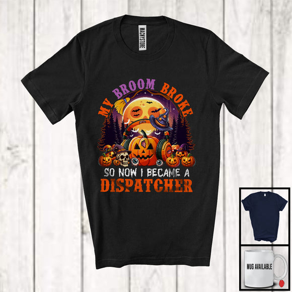 MacnyStore - My Broom Broke I Became A Dispatcher, Happy Halloween Moon Witch, Skull Carved Pumpkins T-Shirt