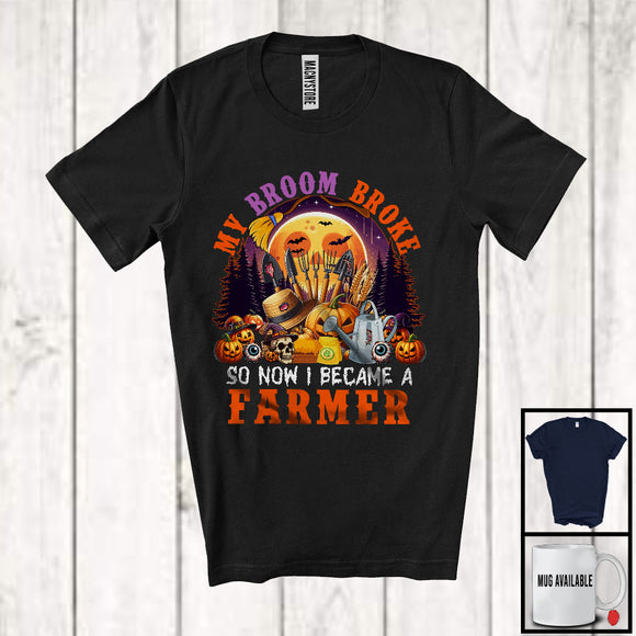 MacnyStore - My Broom Broke I Became A Farmer, Happy Halloween Moon Witch, Skull Carved Pumpkins T-Shirt