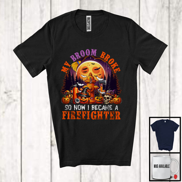 MacnyStore - My Broom Broke I Became A Firefighter, Happy Halloween Moon Witch, Skull Carved Pumpkins T-Shirt