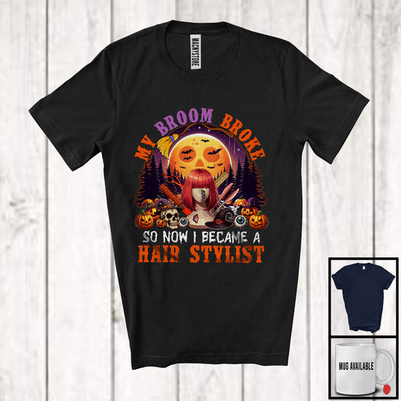 MacnyStore - My Broom Broke I Became A Hair Stylist, Happy Halloween Moon Witch, Skull Carved Pumpkins T-Shirt