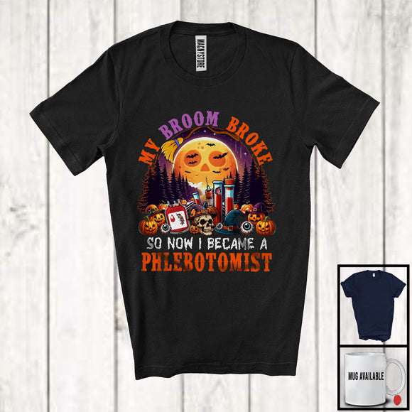 MacnyStore - My Broom Broke I Became A Phlebotomist, Happy Halloween Moon Witch, Skull Carved Pumpkins T-Shirt
