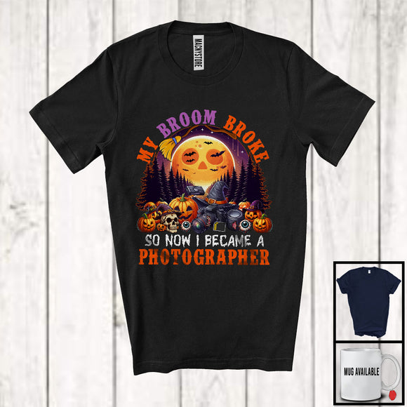 MacnyStore - My Broom Broke I Became A Photographer, Happy Halloween Moon Witch, Skull Carved Pumpkins T-Shirt