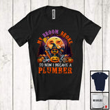 MacnyStore - My Broom Broke I Became A Plumber, Happy Halloween Moon Witch, Skull Carved Pumpkins T-Shirt