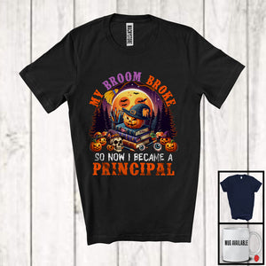 MacnyStore - My Broom Broke I Became A Principal, Happy Halloween Moon Witch, Skull Carved Pumpkins T-Shirt