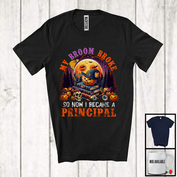 MacnyStore - My Broom Broke I Became A Principal, Happy Halloween Moon Witch, Skull Carved Pumpkins T-Shirt