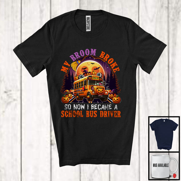 MacnyStore - My Broom Broke I Became A School Bus Driver, Happy Halloween Moon Witch, Skull Carved Pumpkins T-Shirt