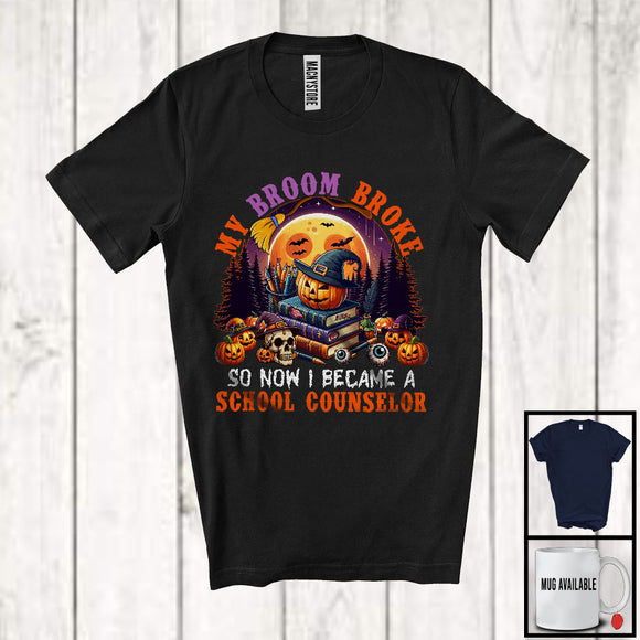 MacnyStore - My Broom Broke I Became A School Counselor, Happy Halloween Moon Witch, Skull Carved Pumpkins T-Shirt