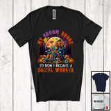 MacnyStore - My Broom Broke I Became A Social Worker, Happy Halloween Moon Witch, Skull Carved Pumpkins T-Shirt