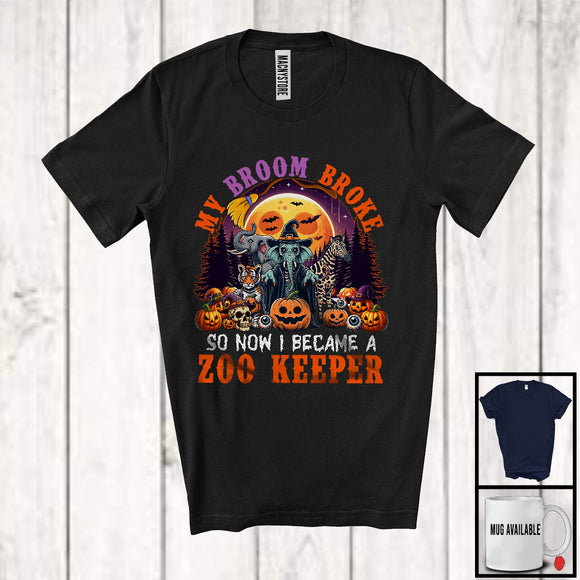 MacnyStore - My Broom Broke I Became A Zoo Keeper, Happy Halloween Moon Witch, Skull Carved Pumpkins T-Shirt