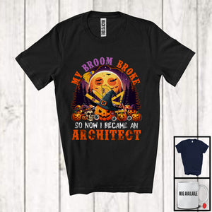 MacnyStore - My Broom Broke I Became An Architect, Happy Halloween Moon Witch, Skull Carved Pumpkins T-Shirt