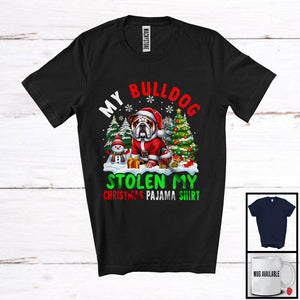 MacnyStore - My Bulldog Stolen My Christmas Pajama Shirt; Amazing X-mas Tree Snowing; Family Group T-Shirt