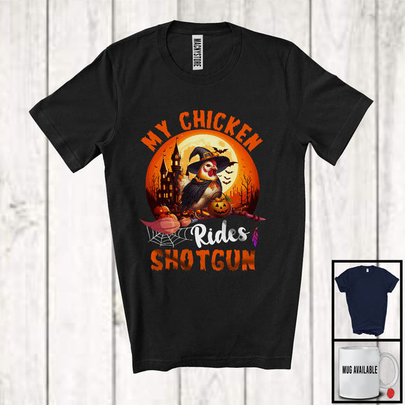 MacnyStore - My Chicken Rides Shotgun, Humorous Halloween Costume Witch Farm Animal, Family Farmer T-Shirt