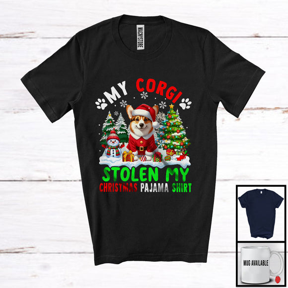 MacnyStore - My Corgi Stolen My Christmas Pajama Shirt; Amazing X-mas Tree Snowing; Family Group T-Shirt