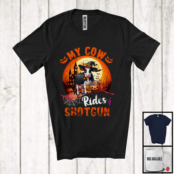 MacnyStore - My Cow Rides Shotgun, Humorous Halloween Costume Witch Farm Animal, Family Farmer T-Shirt