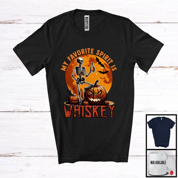 MacnyStore - My Favorite Spirit is Whiskey; Horror Halloween Moon Skeleton Drinking Whiskey Pumpkin; Drunker T-Shirt