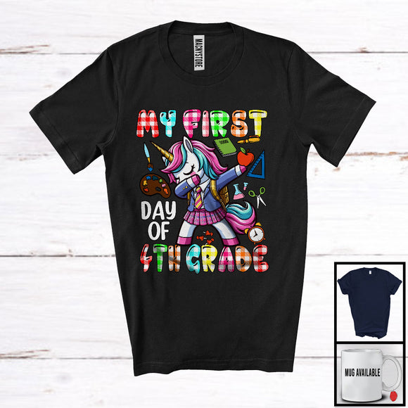 MacnyStore - My First Day Of Fourth Grade, Adorable Back To School Plaid Unicorn Dabbing, Girls Students T-Shirt