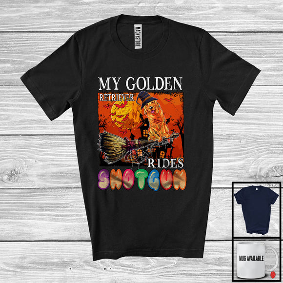 MacnyStore - My Golden Retriever Rides Shotgun, Humorous Halloween Witch Dog Riding Broom, Family Group T-Shirt