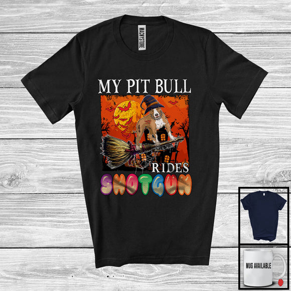 MacnyStore - My Pit Bull Rides Shotgun, Humorous Halloween Witch Dog Riding Broom, Family Group T-Shirt
