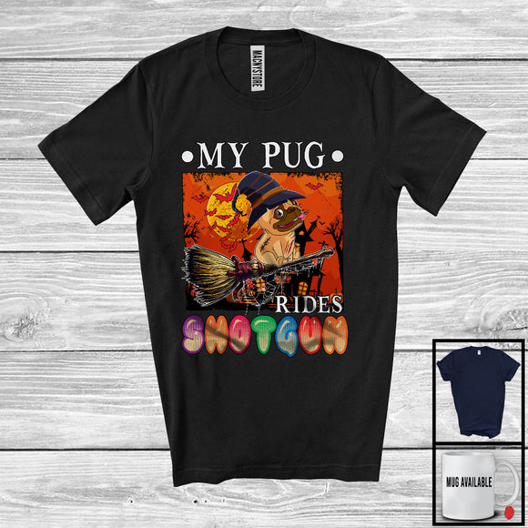 MacnyStore - My Pug Rides Shotgun, Humorous Halloween Witch Dog Riding Broom, Family Group T-Shirt