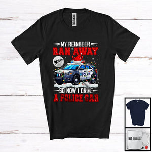 MacnyStore - My Reindeer Ran Away Now I Drive A Police Car; Humorous Christmas Santa Driver; Family T-Shirt