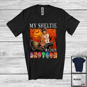 MacnyStore - My Sheltie Rides Shotgun, Humorous Halloween Witch Dog Riding Broom, Family Group T-Shirt