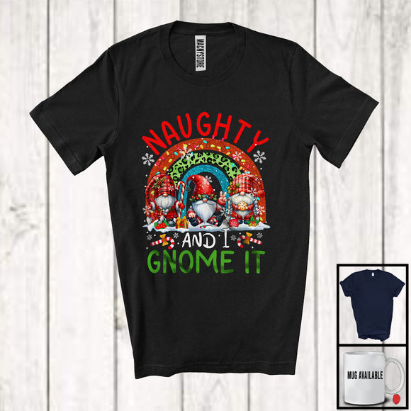 MacnyStore - Naughty And I Gnome It; Adorable Christmas Plaid Gnomes Gnomies Squad; Leopard Rainbow T-Shirt