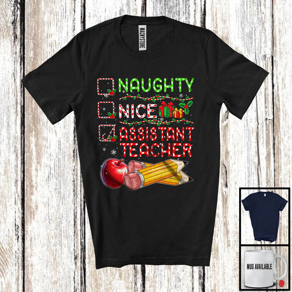 MacnyStore - Naughty Nice Assistant Teacher; Cheerful Christmas Snowing Around Santa; Family Group T-Shirt