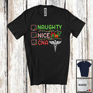 MacnyStore - Naughty Nice CNA; Cheerful Christmas Snowing Around Santa; Nurse Family Group T-Shirt