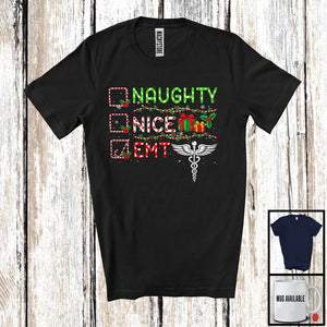 MacnyStore - Naughty Nice EMT; Cheerful Christmas Snowing Around Santa; Nurse Family Group T-Shirt