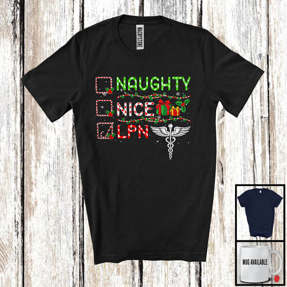 MacnyStore - Naughty Nice LPN; Cheerful Christmas Snowing Around Santa; Nurse Family Group T-Shirt