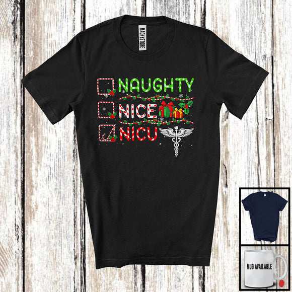 MacnyStore - Naughty Nice NICU; Cheerful Christmas Snowing Around Santa; Nurse Family Group T-Shirt