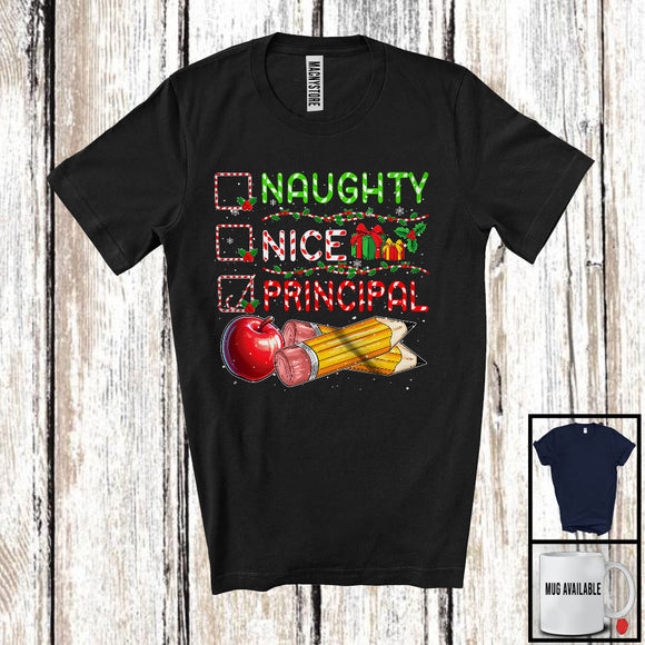 MacnyStore - Naughty Nice Principal; Cheerful Christmas Snowing Around Santa; Principal Family Group T-Shirt